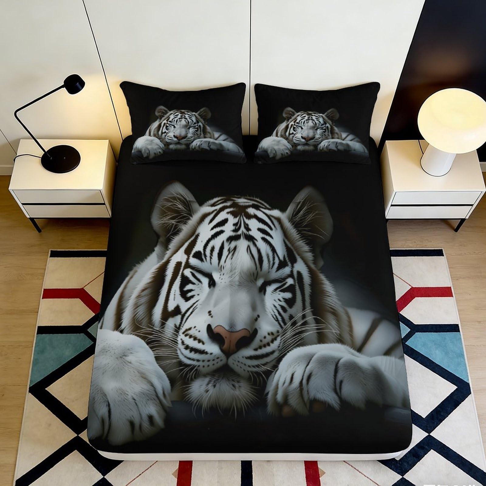 Uynsixtme Style-7 3D Printed White Tiger Fitted Sheet Microfiber Deep Pocket Non-Slip Bedroom Bedding White Tiger Mattress Fitted Cover Home 140X200x25cm