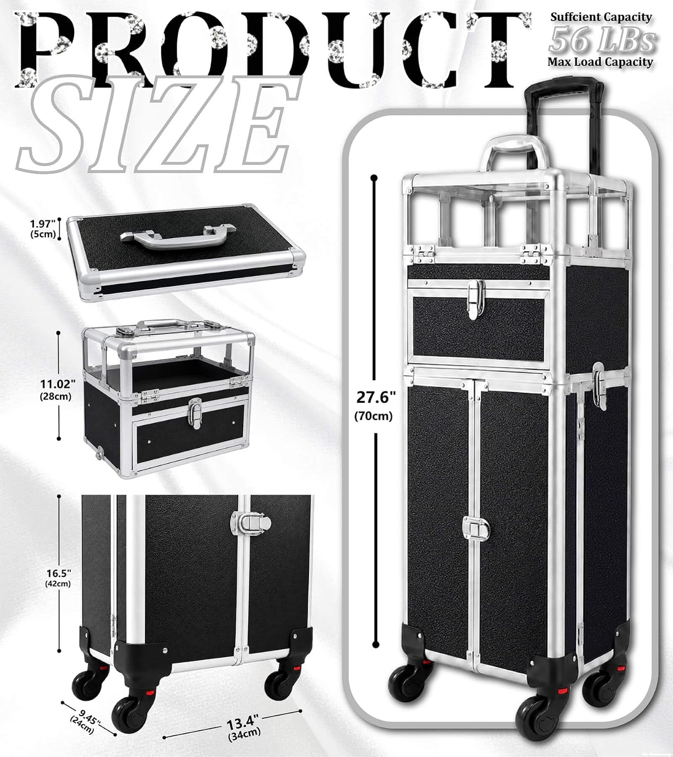 3 in 1 Rolling Makeup Train Case, Cosmetology Case on Wheels, Black