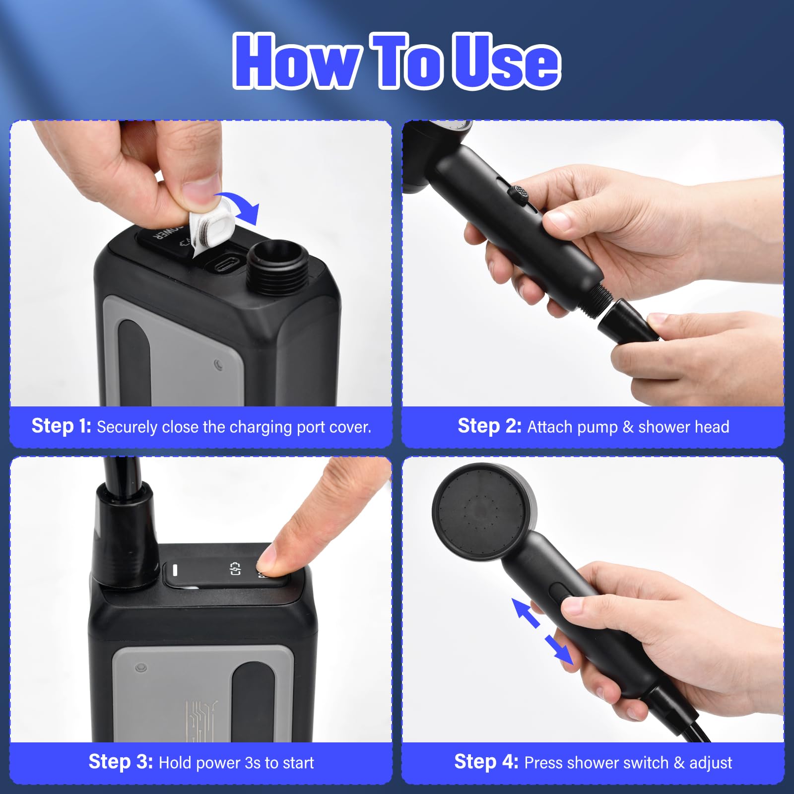 Rsaoty Tragbare Campingdusche Akku 4000 mAh, Campingdusche mit Pumpe, Tragbare Duschen Camping Dusche mit Duschkopf und Schlauch, IPX8 Wasserdicht, Ideal für Wandern, Reisen, Autowäsche