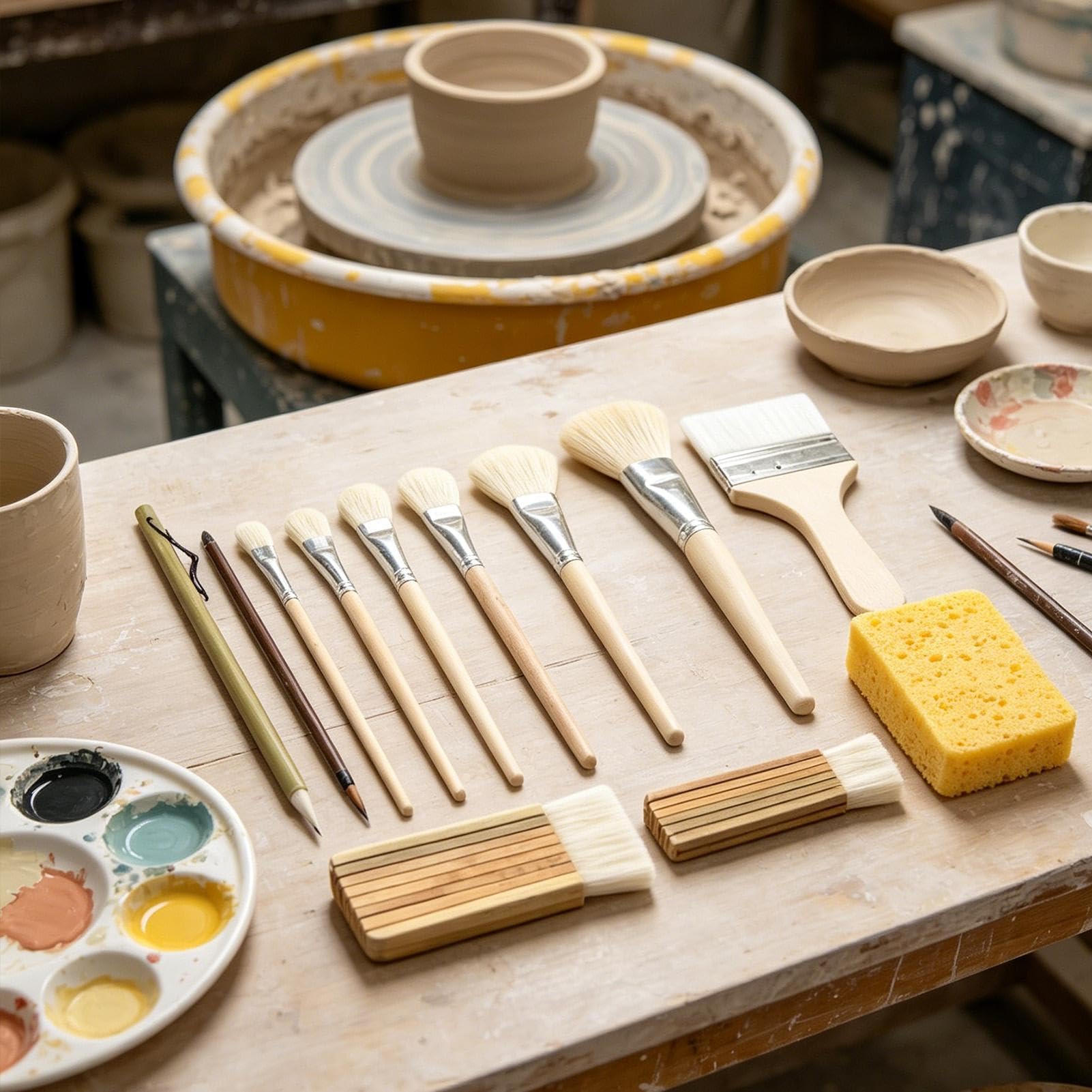 Set di Pennelli da Smalto per Terracotta 12 Pezzi Manico in Legno | Set di Pennelli per Acrilico per la Casa, lo Studio, Scuola, Laboratorio, la Ceramica, l'Argilla, i Principianti, gli
