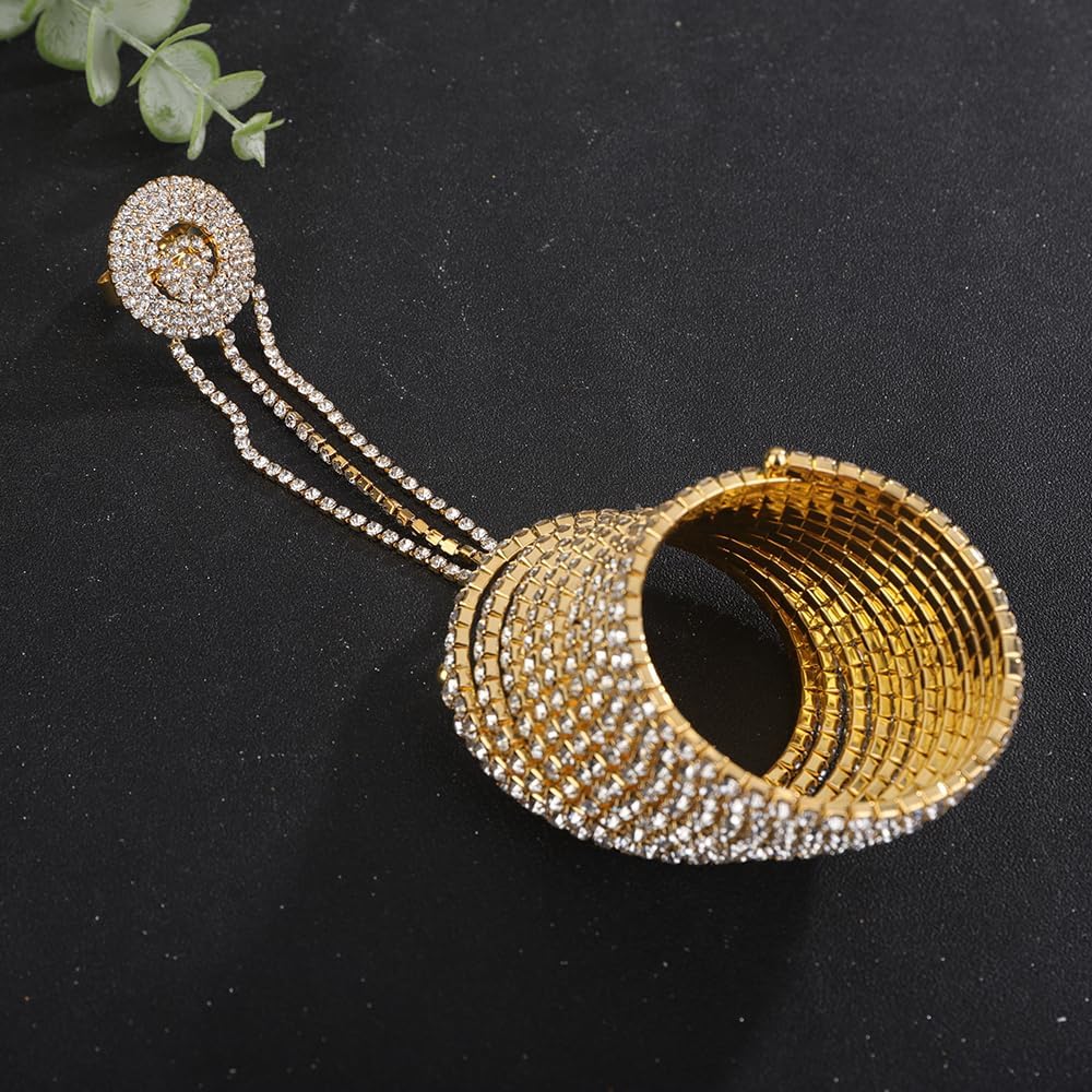 Jumwrit Shiny Finger Ring Hand Chain Bangle Bracelet Sparkle Rhinestone Multi Layers Link Hand Harness Cosplay Open Ring Cuff Bracelet Wedding Bridal Accessories for Women - Image 4