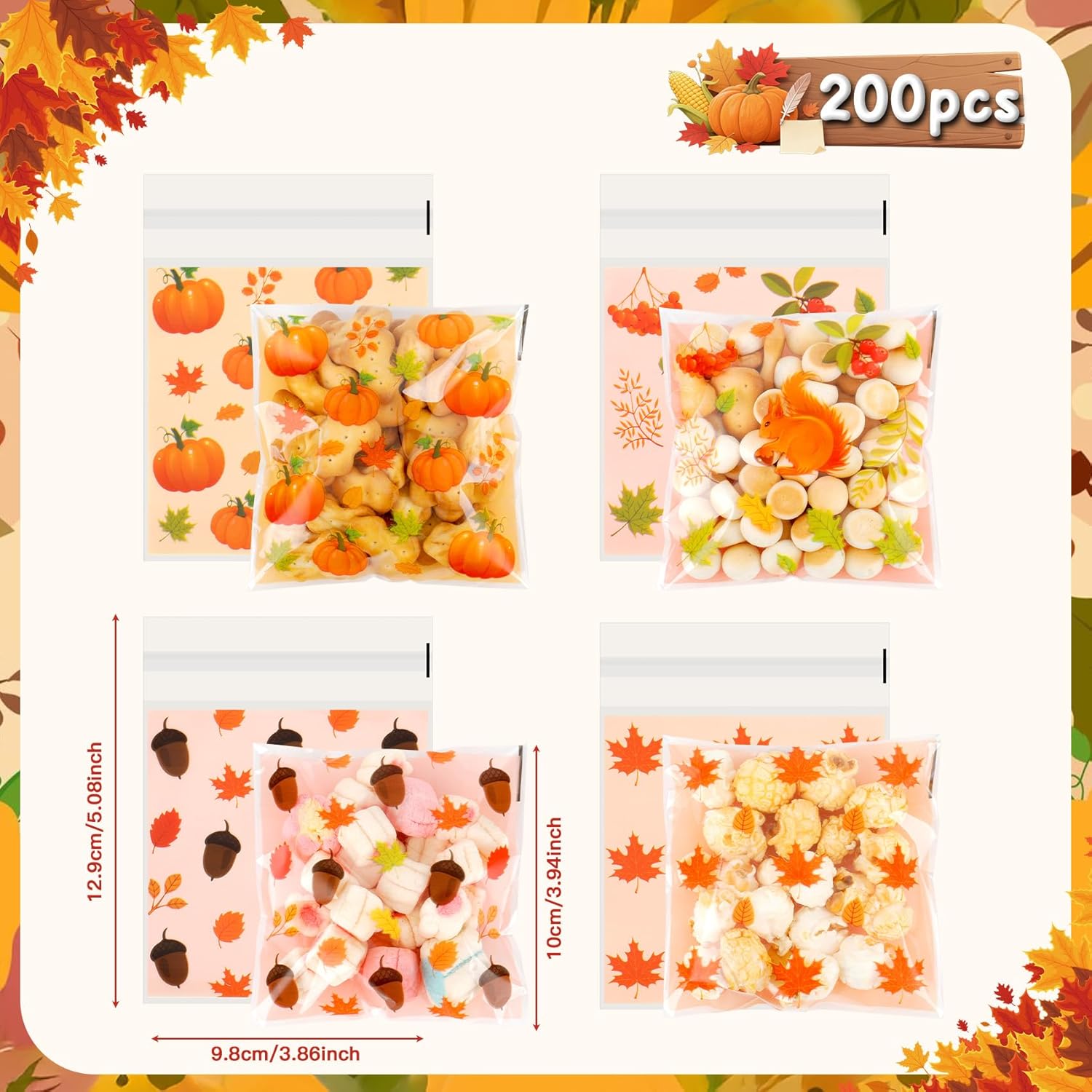 200 PCS Fall Cellophane Treat Bags(4x4 Inch) Small Thanksgiving Ziplock Bags for Candy Snack Goodie Cookie Gifts Wrap Autumn Self Sealing Pouch Baggies Friendgiving Party Favors Supplies Decorations - Image 2