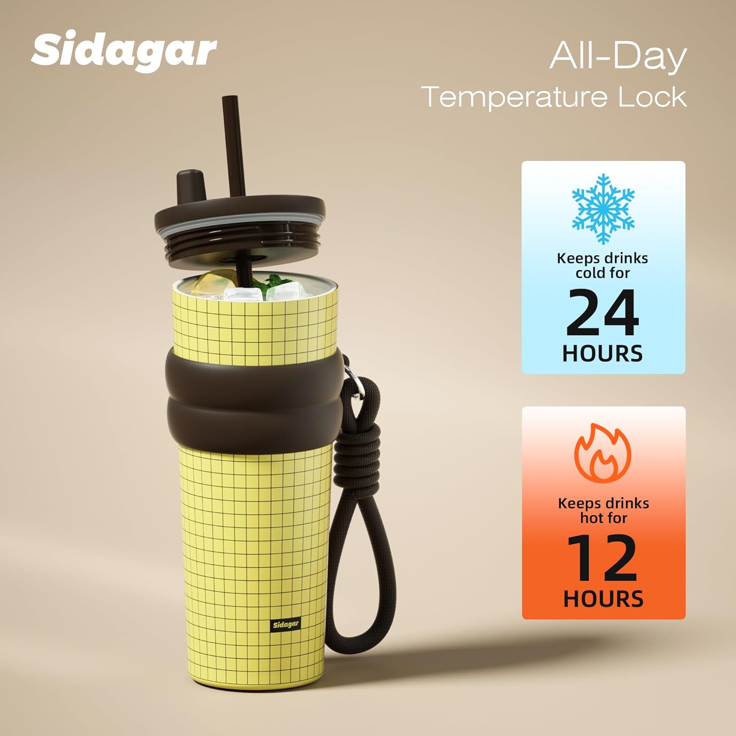 24 oz Tumbler with Straw, Insulated Stainless Steel Water Bottle, Travel Mug, Modern Minimalist Design, Ideal for Commuter Car & Desk, Retro Grid Yellow