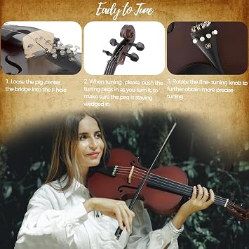 4/4 Full Size Violin for Beginners and Professionals, Handcrafted Spruce & Maple Body Delivers Rich Resonant Sound, Ebony Fittings, Satin Finish Violin with Case, Bow, Rosin & Accessories