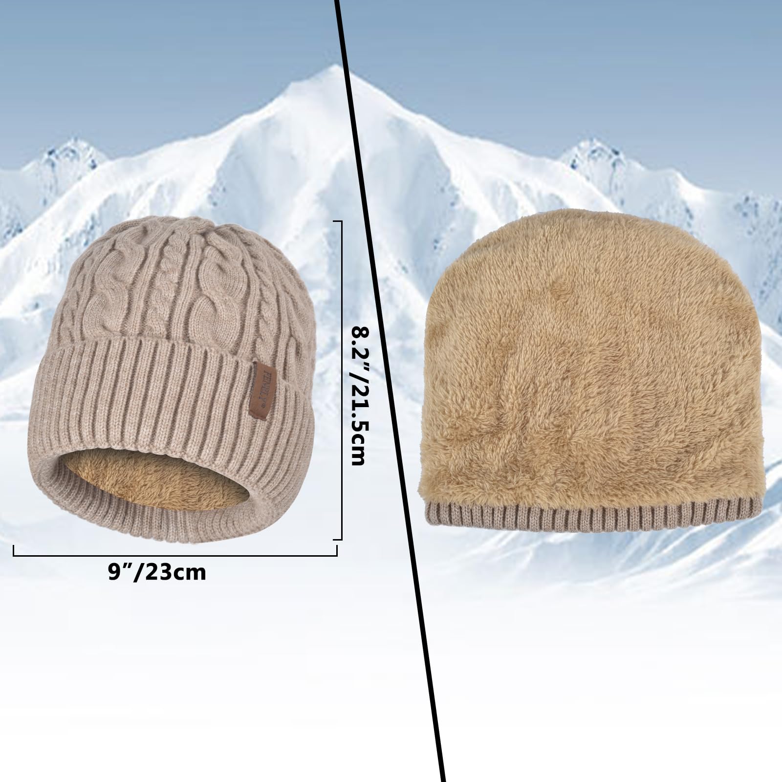 Beanie Hat Gloves Scarf Set for Men Winter Warm Knit Knitted Neck Warmer Touchscreen Glove Cap 3 in 1 Khaki Thermal Fleece Wool Lined for Cold Weather Snow