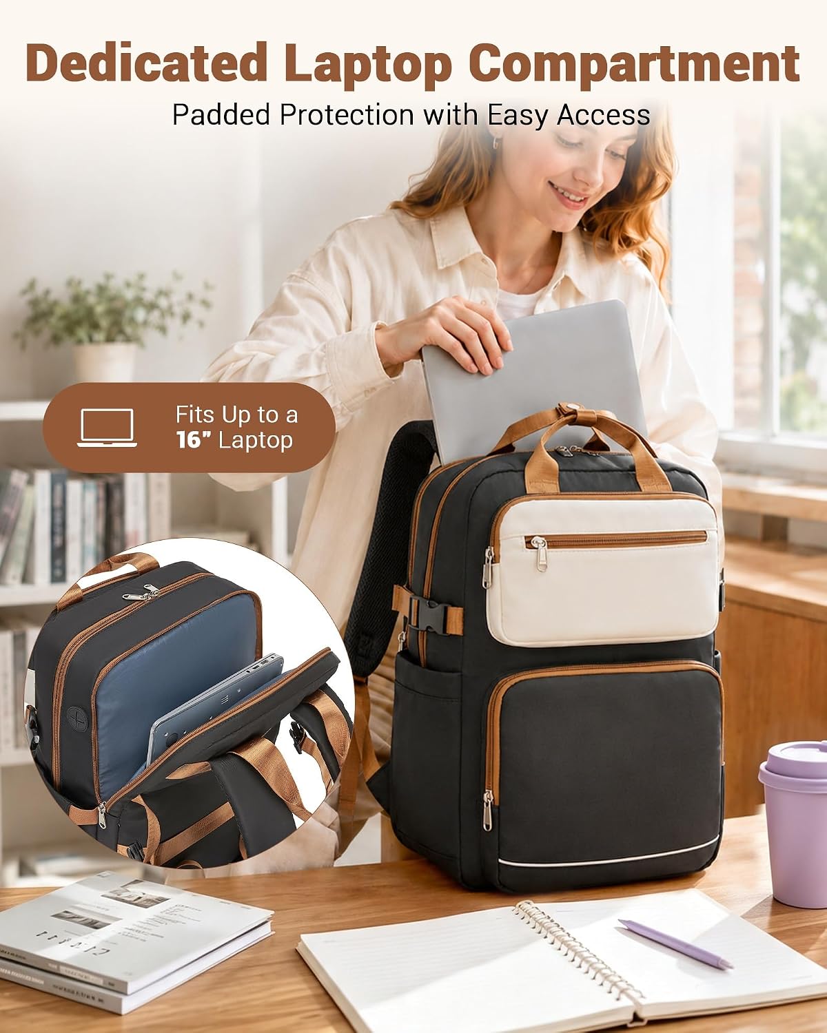 Kono 15.6 Inch Laptop Backpack for Women, Work Travel Bag Large Capacity image 3