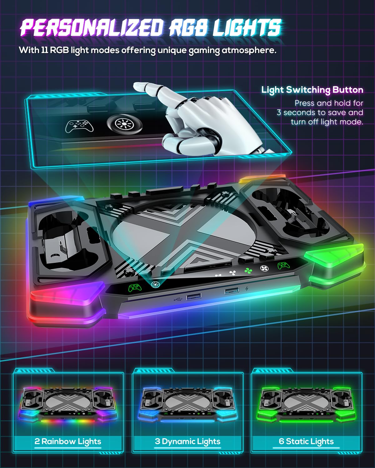 Stazione di Caricamento e Ventola di Raffreddamento per Xbox Series X con 11 Illuminazione RGB, 2x1400 mAh Batterie Ricaricabili e Supporto