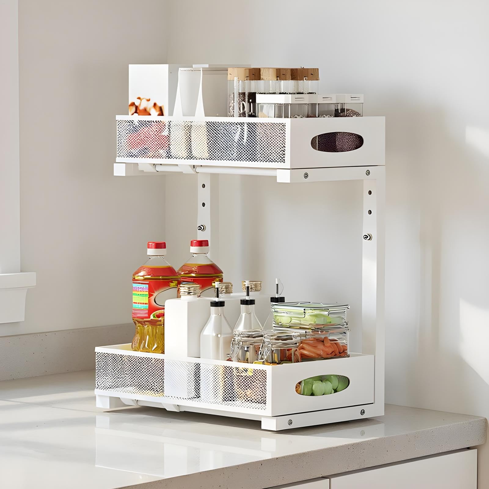 Organizador Para Debajo Del Lavabo Del Baño Organizadores Extraíbles Y | Estante de Organización con Altura Ajustable para Hogar, Cocina, Despensa, Armario, Baño, Lavandería