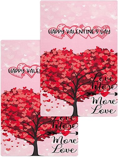 Kitchen Towel 2 Packs Cotton Waffle Weave, Valentine's Day Heart Shape Tree Love 16 x 24 Inch Absorbent Quick Drying Dish Towels Clothes for Kitchen