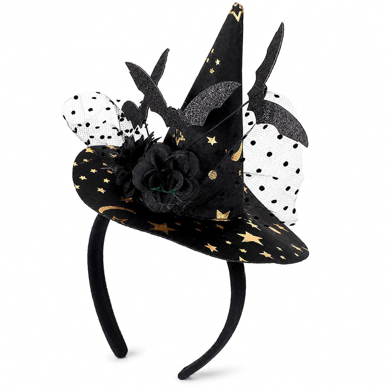 Halloween Mini Witch Hat Headband for Women Black Gold Star Witch Headpiece