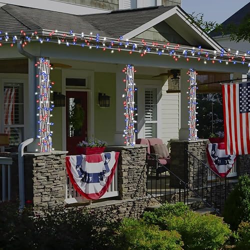 Miniatura 5 de MEHOFOND Guirnalda de 300 luces LED de 105 pies, color rojo, azul y blanco, temporizador del 4 de julio, Día de la Independencia, tira de luces LED,