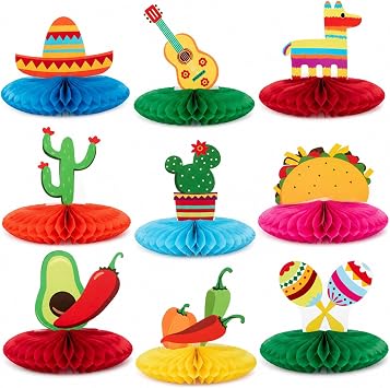 9 Pcs Fiesta Party Decorations Cinco De Mayo Decor 8 Mexican Themed Table Honeycomb Centerpieces for Mexican Taco Party Supplies Luau Event Day of The Dead Celebrations Birthday