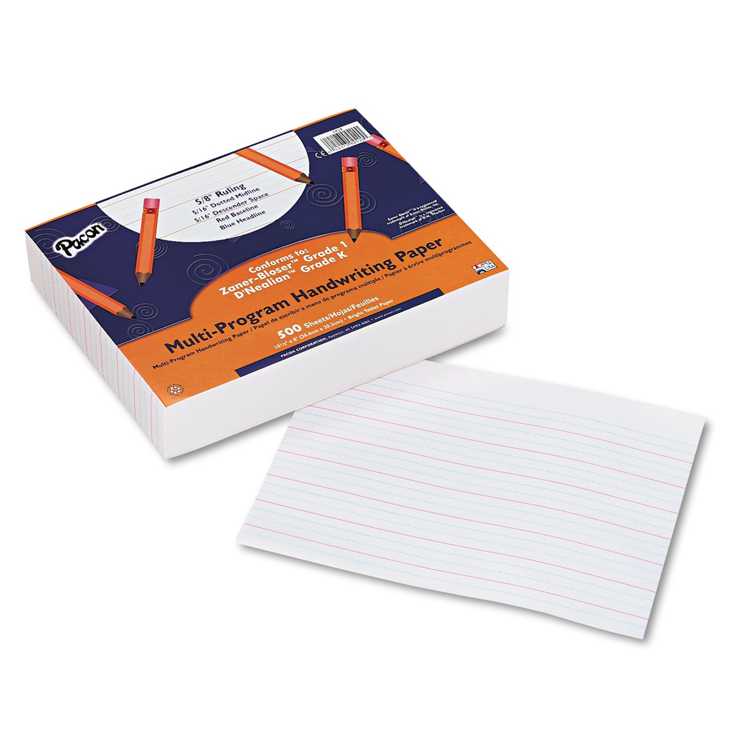 Pacon 2420 Multi-Program Handwriting Paper, 5/8-Inch Long Rule, 10-1/2 x 8, White, 500 Shts/Pk
