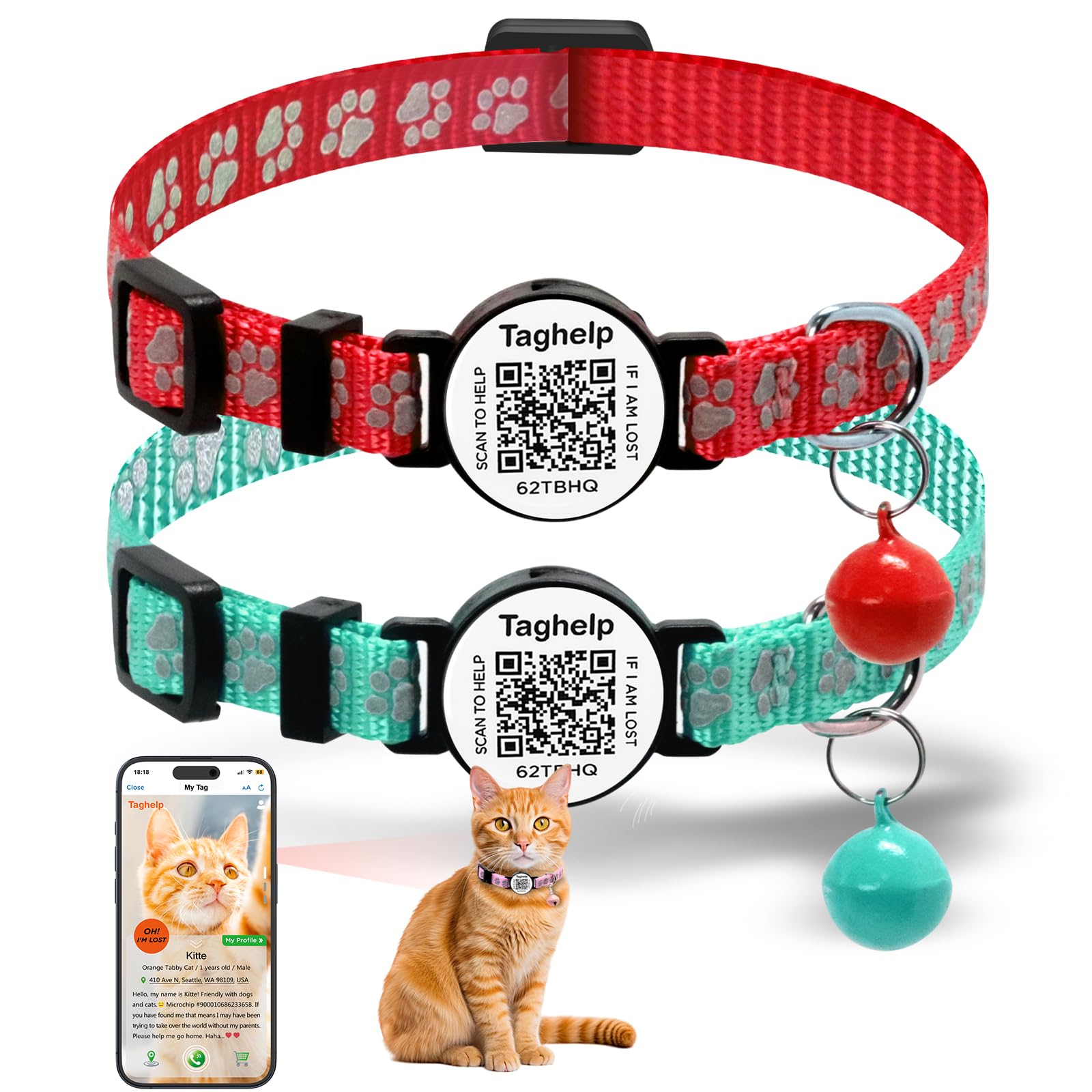 Smart QR Code Cat Collar 2-Pack - Digital Pet ID Tag with Breakaway Safety Design, Reflective Strips & Adjustable Fit for Lost Cat Recovery (Red &