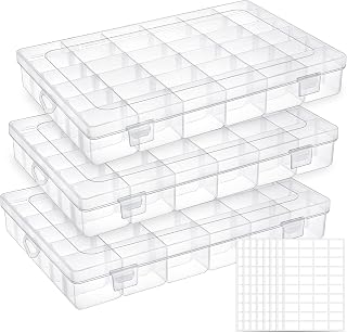 UOONY 3 Pack 36 Grids Plastic Organizer Box Craft Storage with Adjustable Dividers, Bead Organizer Container for Earrings Fishing Tackles Crafts Jewelry Thread with 400pcs Label Stickers
