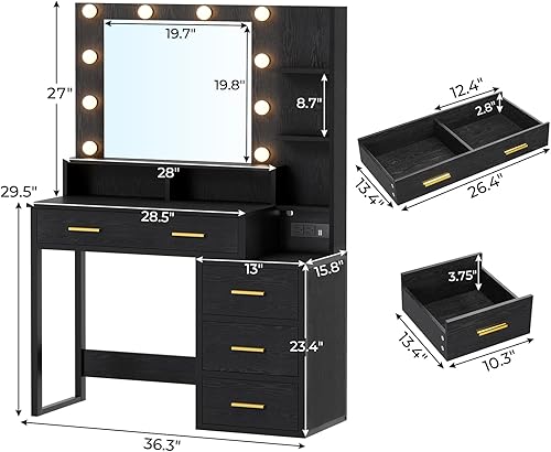 Miniatura 4 de Tiptiper Tocador de maquillaje con luces, escritorio negro con espejo y 3 modos de iluminación, mesa de tocador con puertos USB y tomacorrientes,