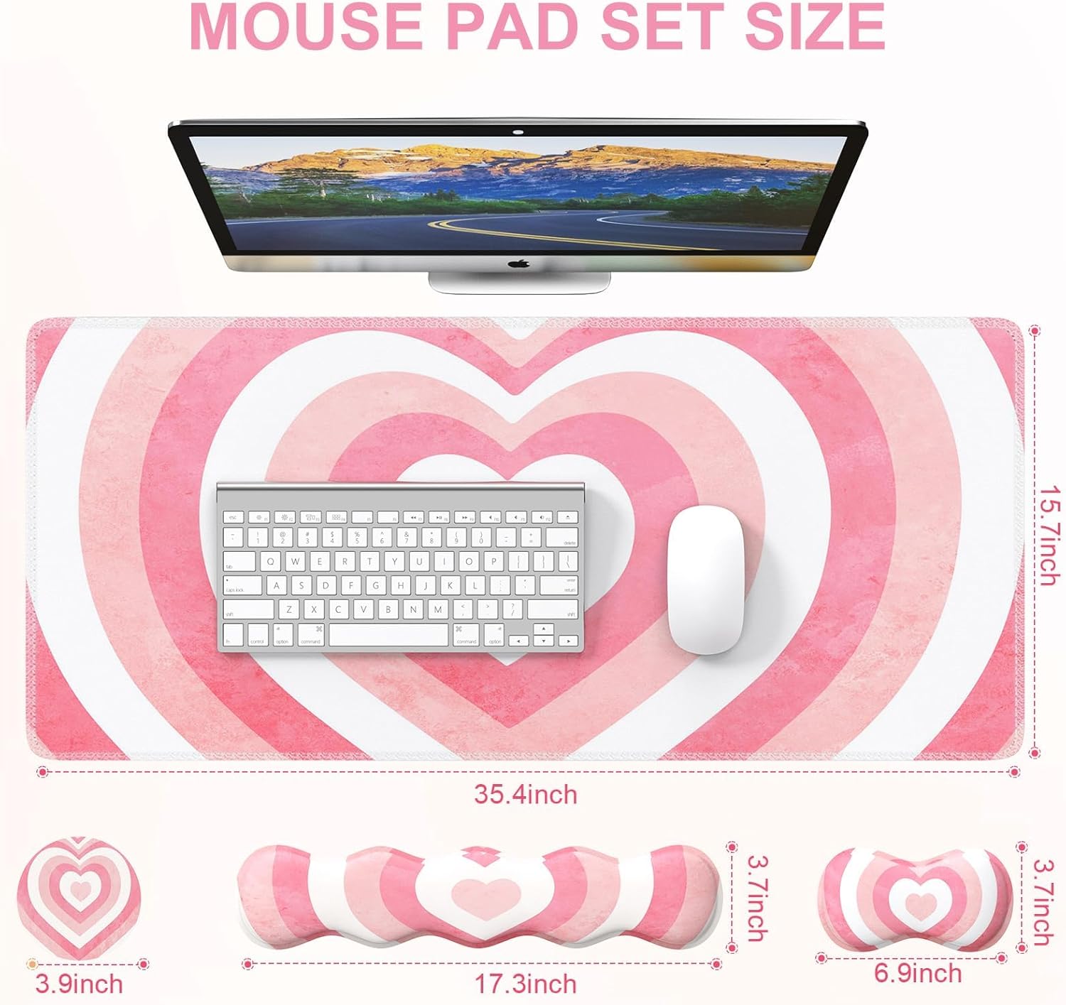 iLeadon Keyboard Mouse Pad Set, Large Gaming Mouse Pad + Keyboard Wrist Rest + Mouse Pad with Wrist Support + Coaster, Easy Typing Pain Relief, Desk Mat Set, Valentines Day present for Her, Pink Heart