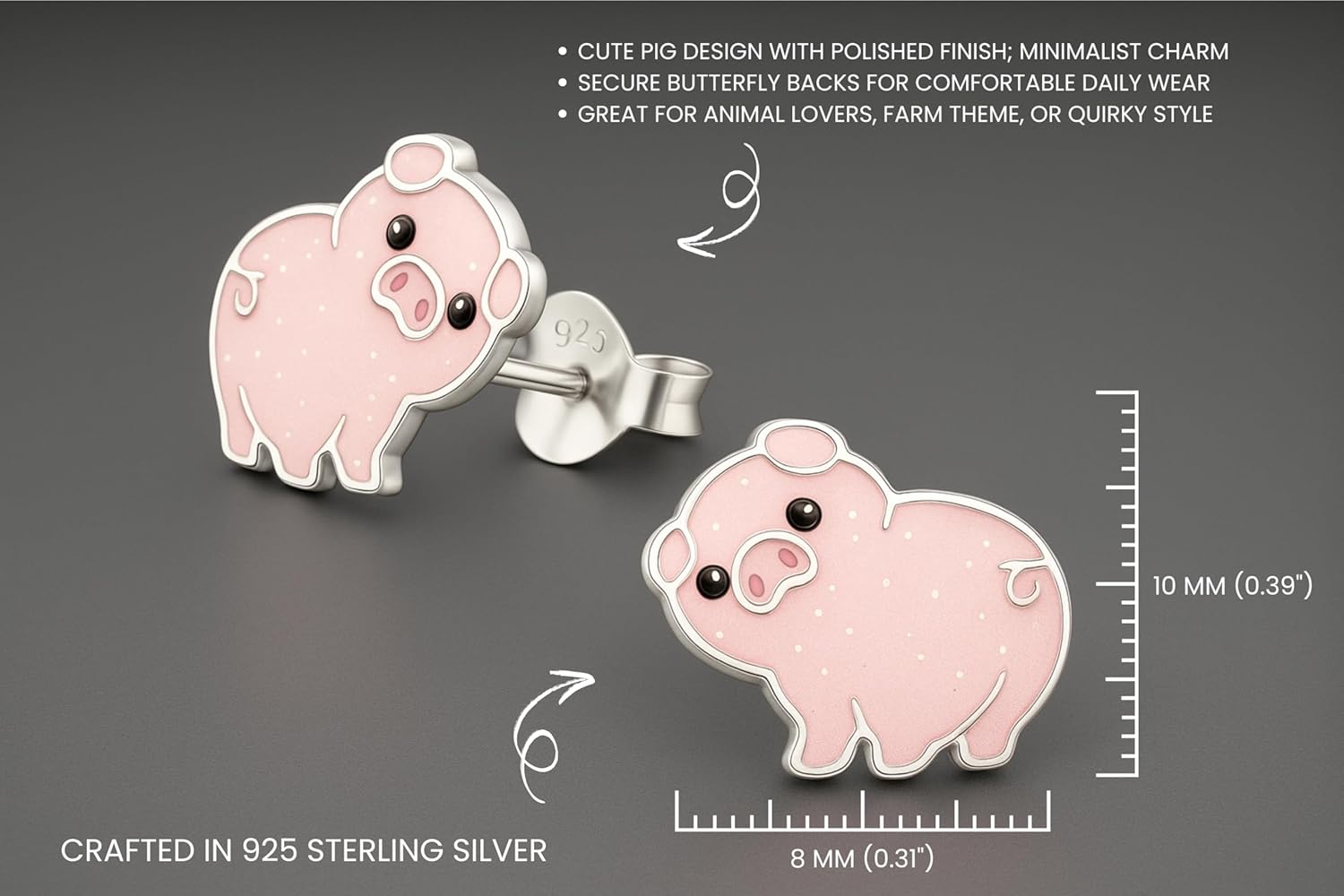 Pig 925 Sterling Silver Stud Earrings, Tiny Animal Farm Jewelry - Image 3
