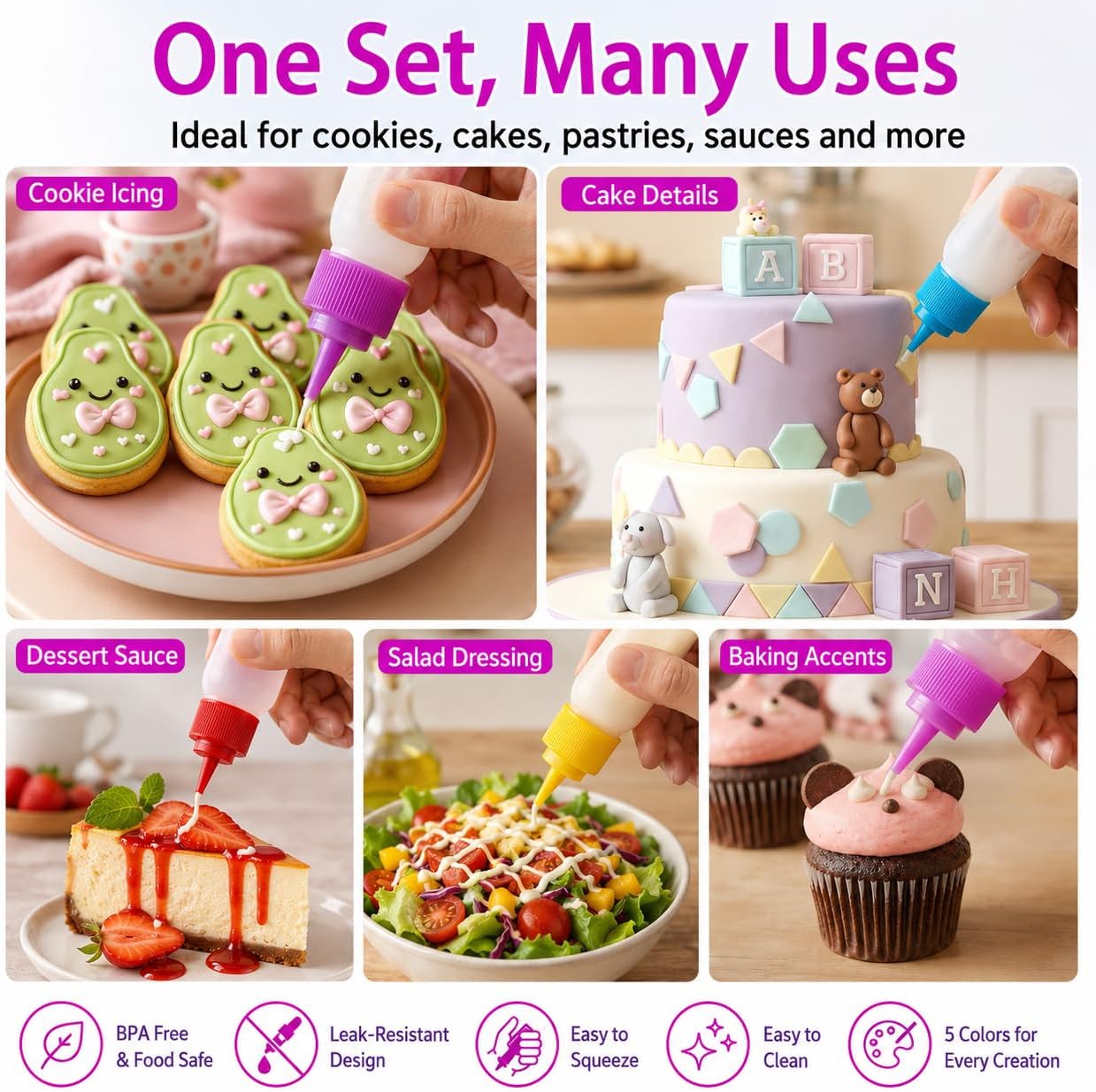 10PCS Squeeze Writer Bottles, 30ml & 60ml Plastic Icing Bottles Set, Multi-Color Food Decorating Bottles for Cake Cookie Pastry Frosting, Food Coloring DIY Ice Cream Decoration Supplies(1 and 2 Ounce)