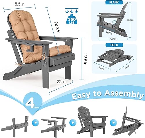 Miniatura 10 de nalone Juego de 2 sillas plegables Adirondack con cojín con soporte para tazas, silla de patio de plástico HDPE de gran tamaño resistente a la