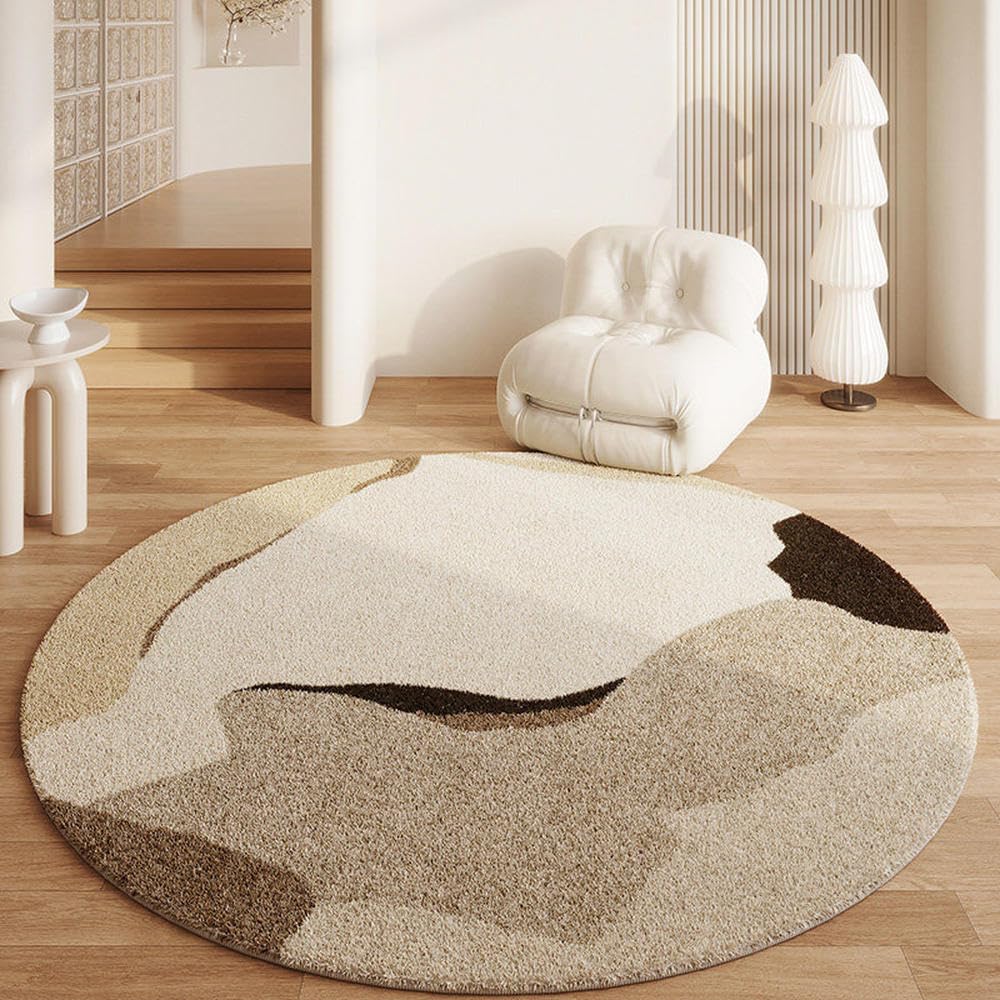 Tapis rond épais en peluche crème 120x120 cm pour chambre et salon