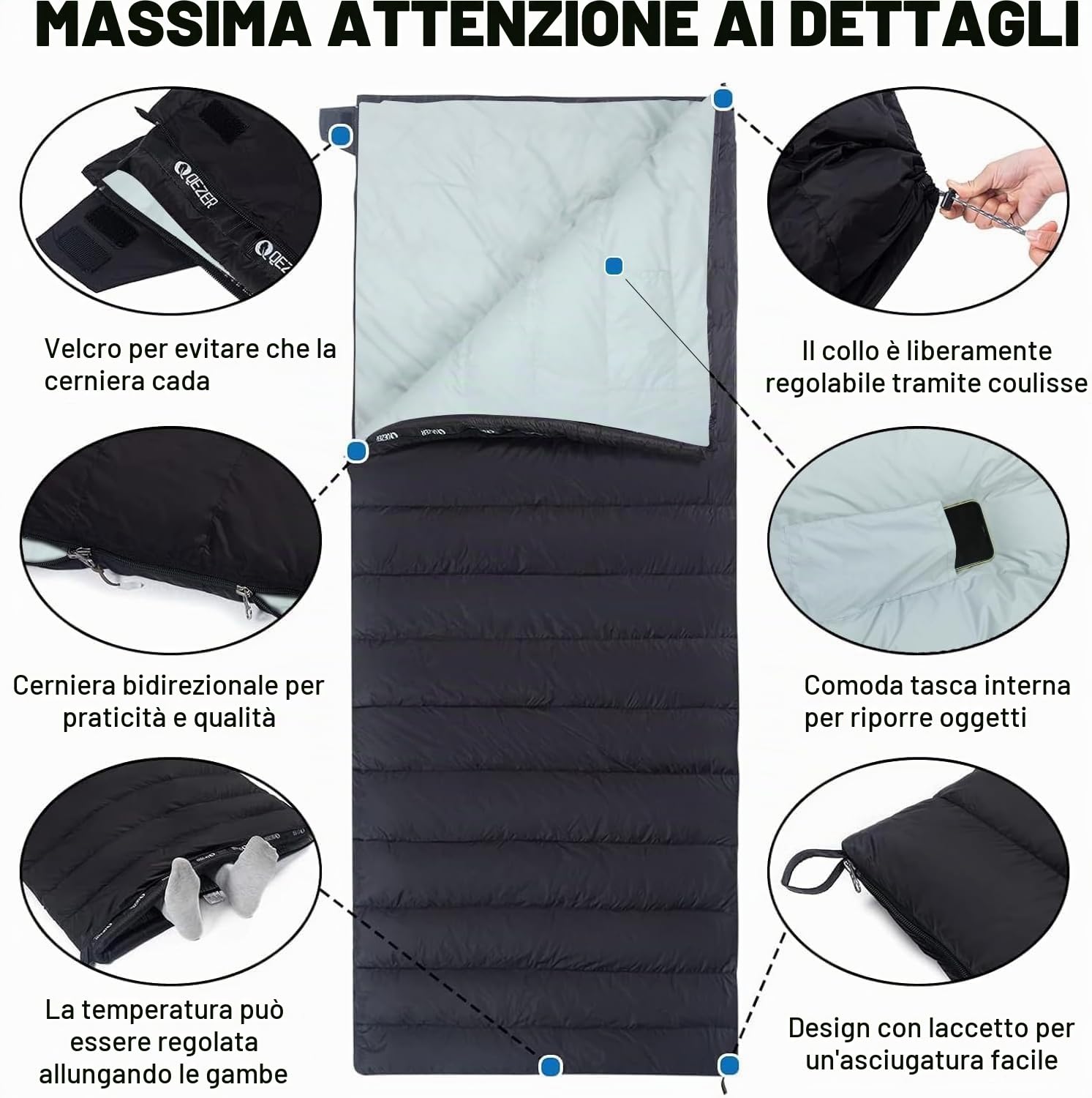 Sacco a pelo in piuma, leggero Sacco a Pelo per campeggio, trekking e attività all'aperto, con compressione libera 3~4 stagioni