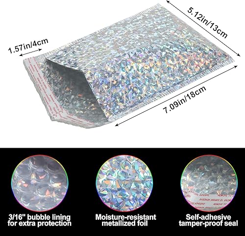Miniatura 3 de Fulmoon 30 sobres holográficos de burbujas de 4 x 8 pulgadas, sobres acolchados de burbujas holográficas, sobres acolchados autosellantes para envío