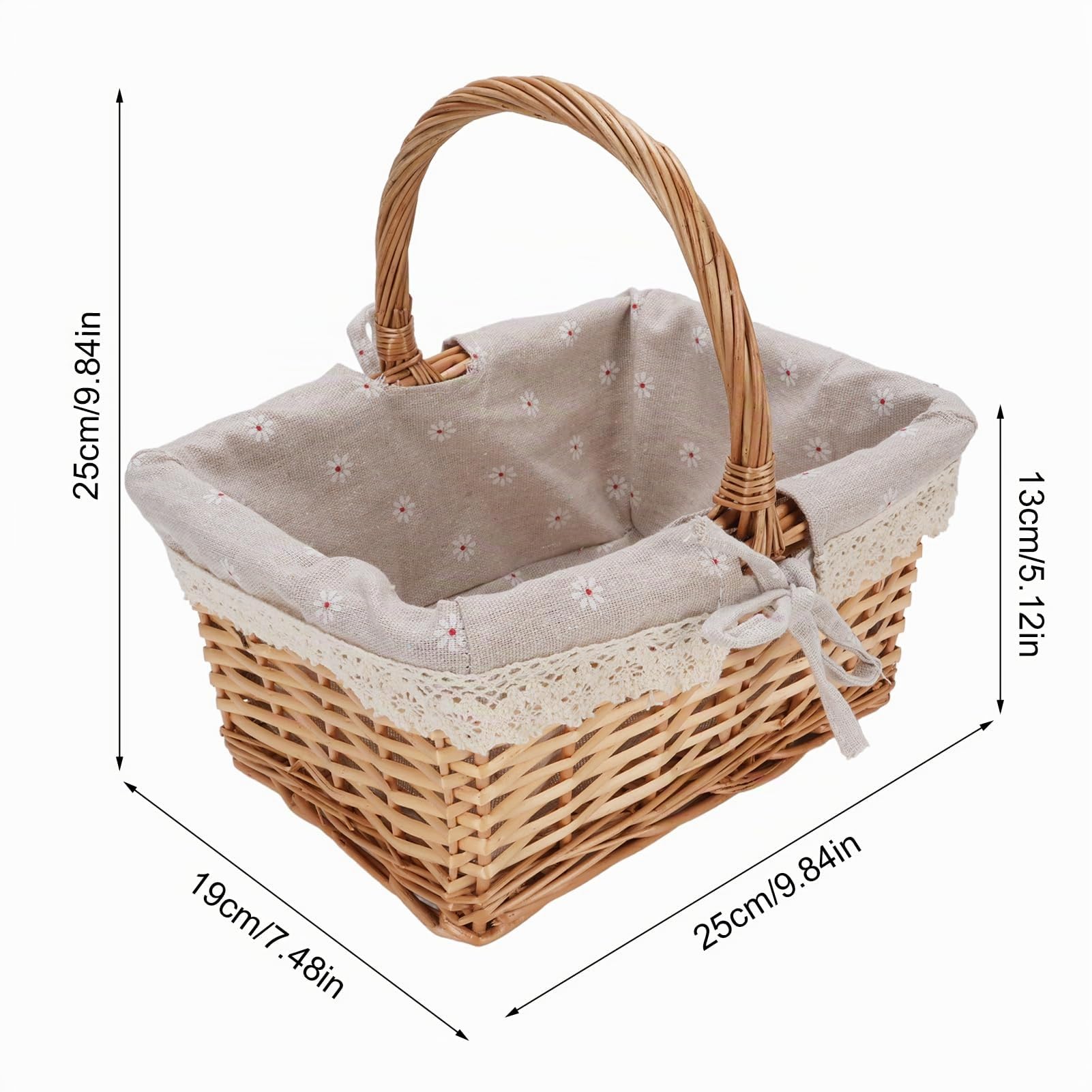 Cocoarm Panier de Pique-Nique en Osier, tissé à la Main Vintage, Doublure Amovible, pour Camping Maison, Rangement Polyvalent, 9,84x7,48x5,12 Pouces (Marguerite) | Tissé Main Doublure Amovible, Camping Maison Rangement, Accessoire Pique-Nique Élégant