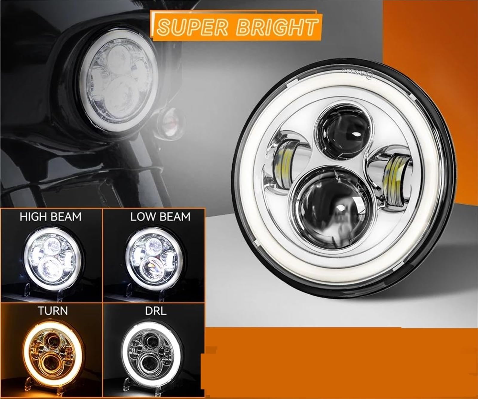 Fari della motocicletta Universale Faro Rotondo Da 7 Pollici Per Moto A LED H4 Lampada Hi/Lo Indicatore Di Direzione (F)