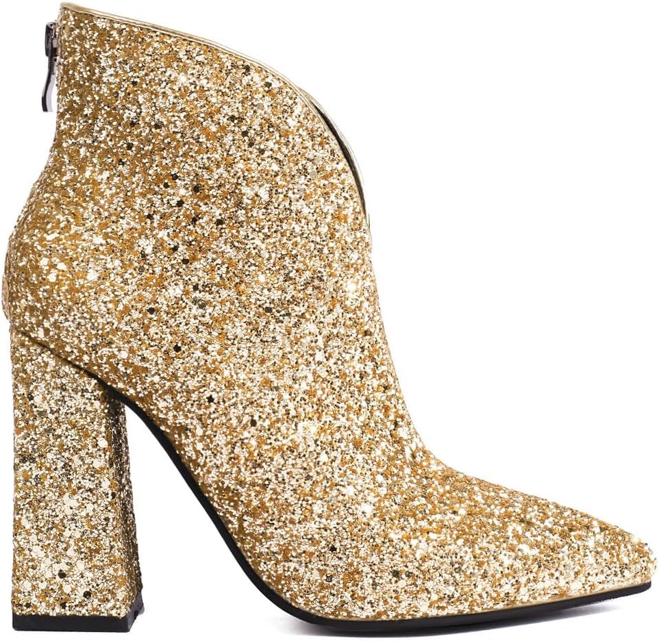 KOKOMOMO Sparkly Sequin Cowgirl Boots Pointed Toe Chunky High Heel Ankle Boots