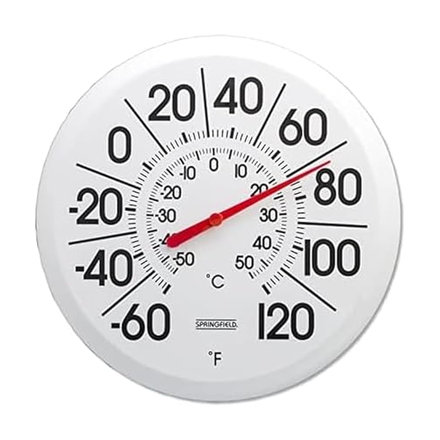 Springfield Big & Bold 13.25-Inch Outdoor Thermometer - Indoor/Outdoor Patio Wall Mount, Large Easy-Read Numbers, -60°F to 120°F, White