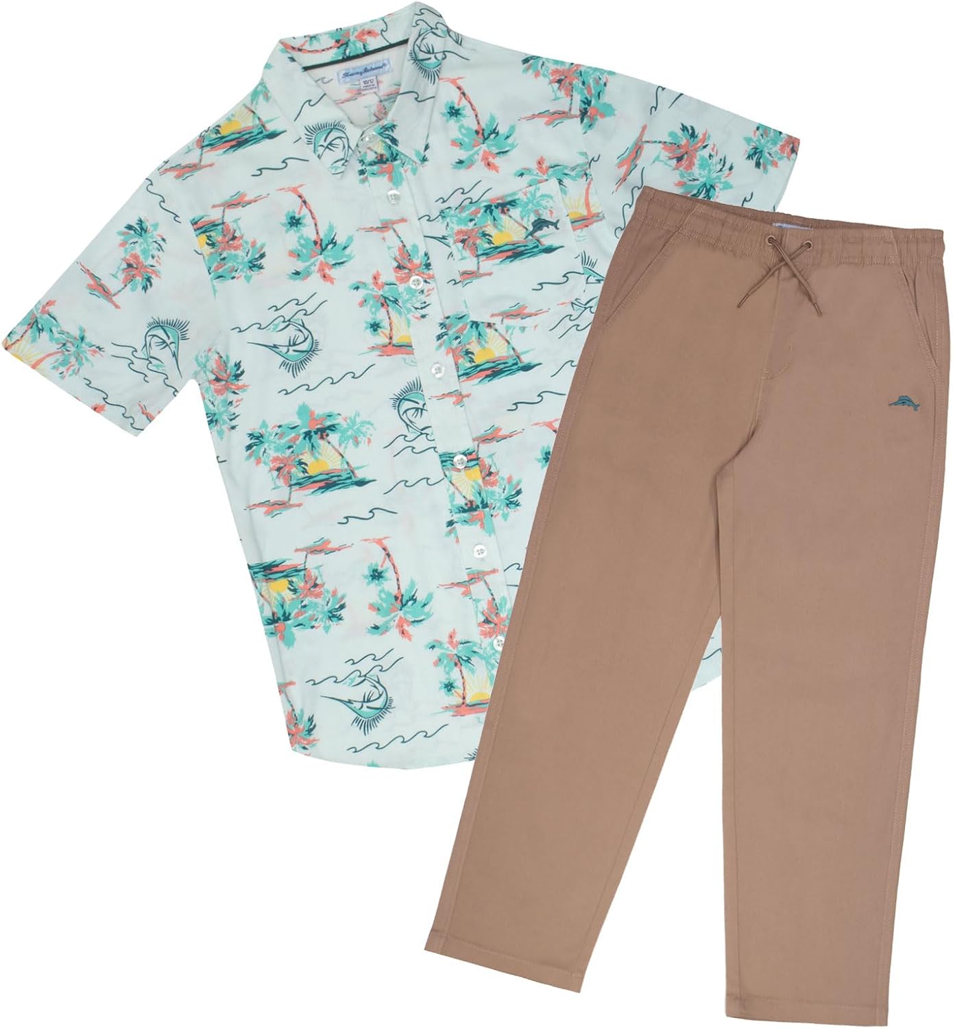 Tommy Bahama Boys Classic Woven Button-Down Hawaiian Shirt & Elastic Waist Pants Set - Casual 2-Piece Summer Outfit for Kids