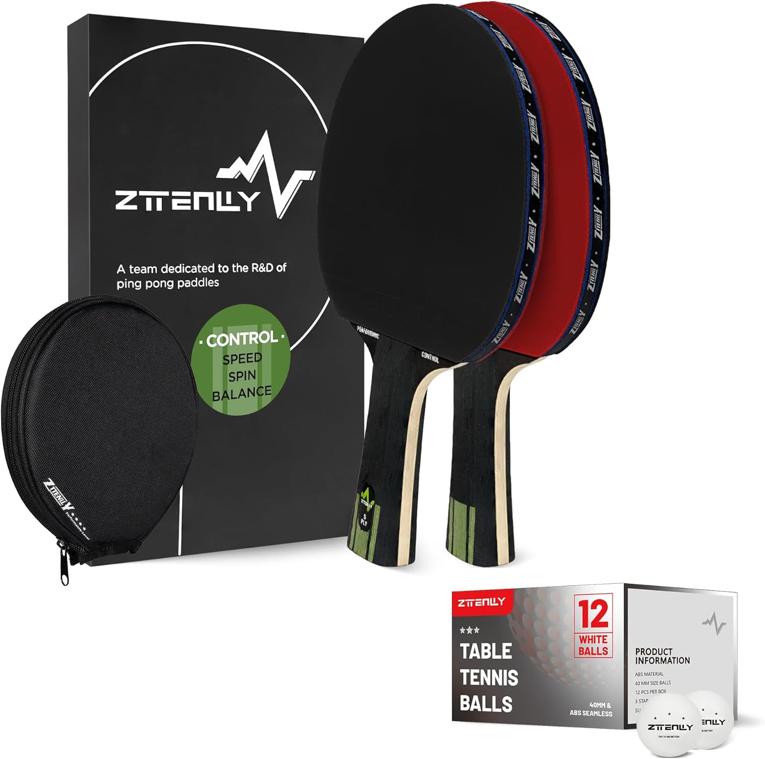 Carbon Technology Ping Pong Paddle(1) & Ping Pong Ball(12) Bundle | Performance-Series | 7-Ply Blade | Expert Speed | 3-Star Ping Pong Balls | Thicker Protector Case