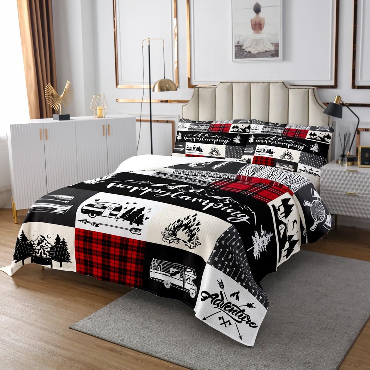 Camping Adventure Bedspread for Kids Boys,RV Camper Accessories for Travel Trailers Coverlet Set Room Decor Bed Cover,Rustic Red Plaid Boho Aztec Exotic Quilt Set with 1 Pillow Sham, Twin Size