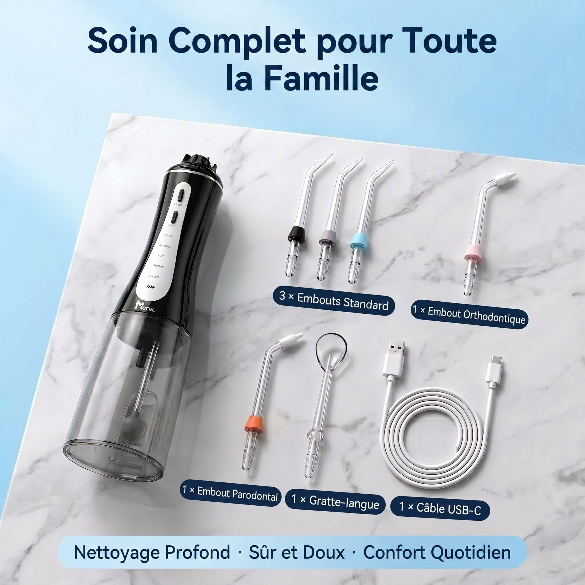 Jet Dentaire Hydropulseur Sans Fil MOCEL 5 Modes, Irrigateur Portable 350ml avec 6 Embouts Rechargeable Étanche IPX7 pour Soins Appareil Dentaire