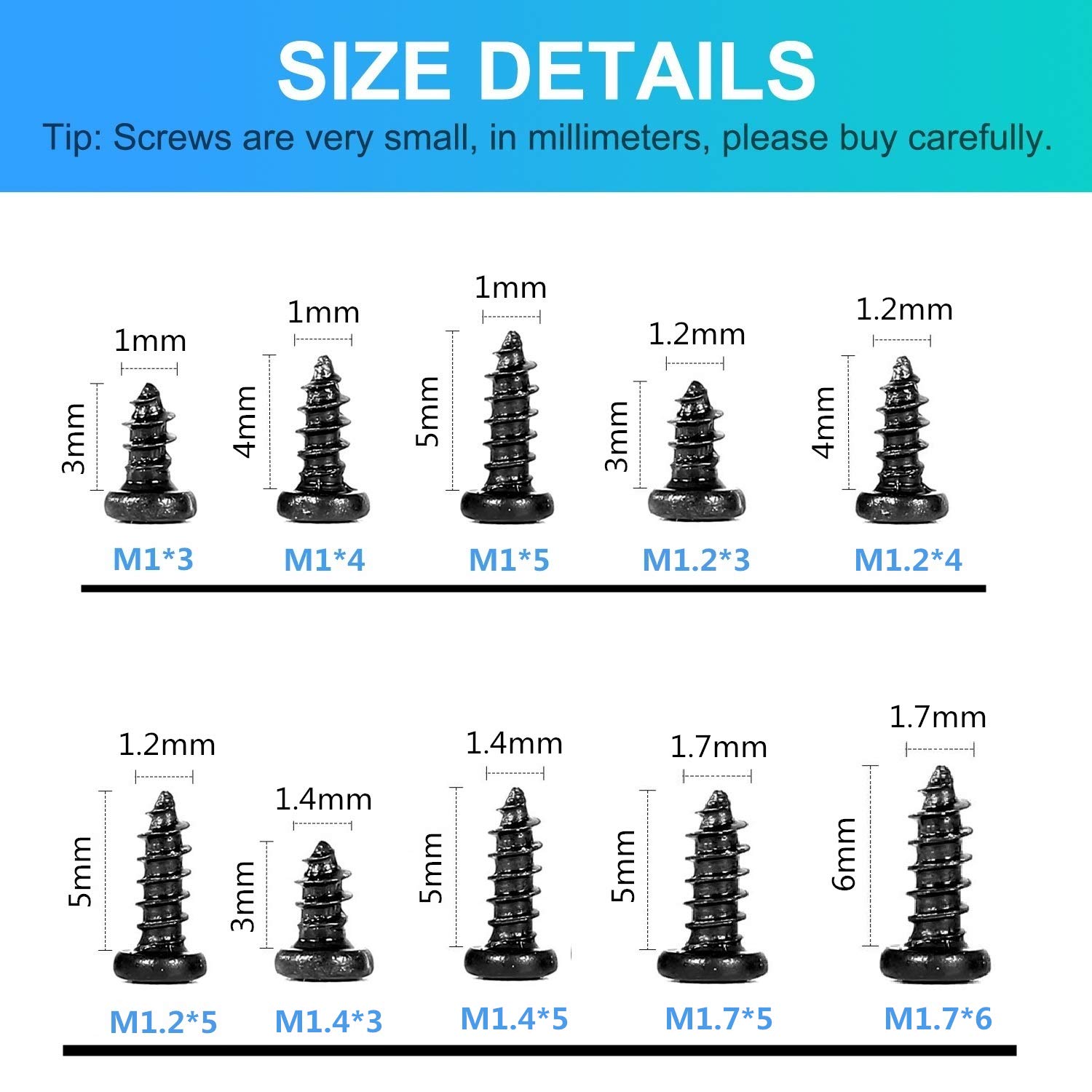 Small Screws Cross Head,Self-Tapping Bolts Assortment Kit Watches Glasses Electronics Repair Accessories M1 M1.2 M1.4 M1.7 1000pcs