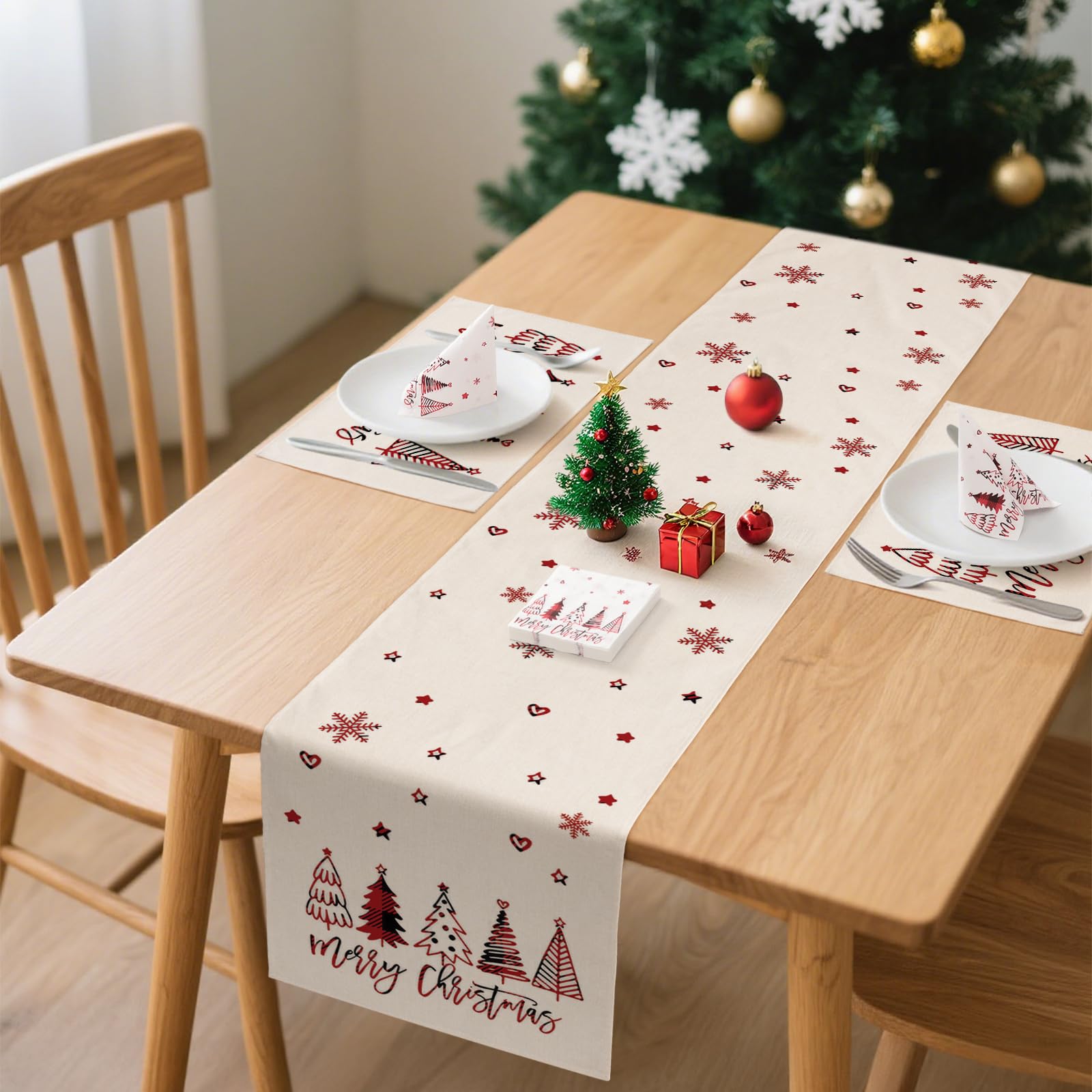 YCOLL Runner da Tavola Natalizio Beige/Rosso Invernale Impermeabile, Moderno con Tovagliette e Tovaglioli, per Decorazioni Tavola Interno Esterno, Cucina, Feste e Cena di Natale