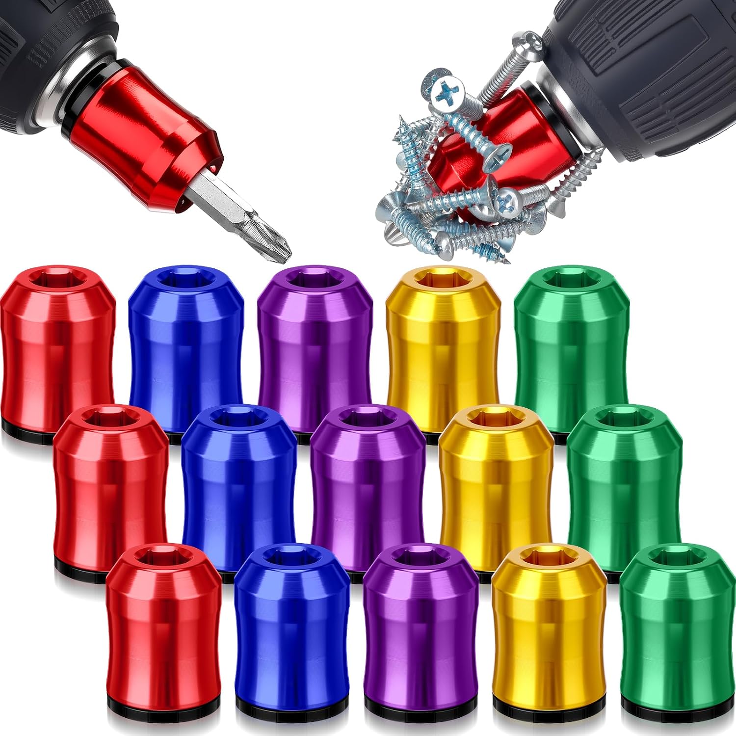 Ripeng 15 Pcs Screwdriver Head Magnetic Ring 1/4 Inch Magnetic Screw Holder Screwdriver Driver Bits Removable Household Tool for Hex Screwdrivers & Power Bits Tools Mechanics Carpenters (Multicolor)