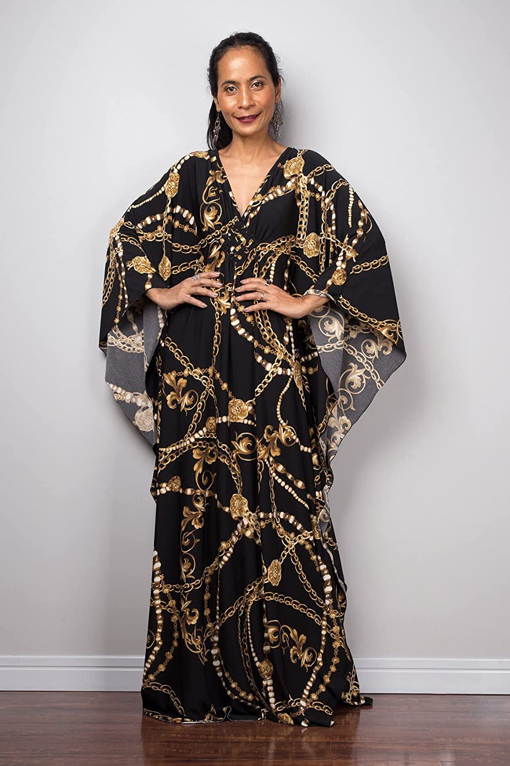 Venasha Damska sukienka kaftan z krótkim rękawem, kostium kąpielowy na lato, C-31, czarny łańcuszek, XL, C-31 czarny łańcuszek, XL
