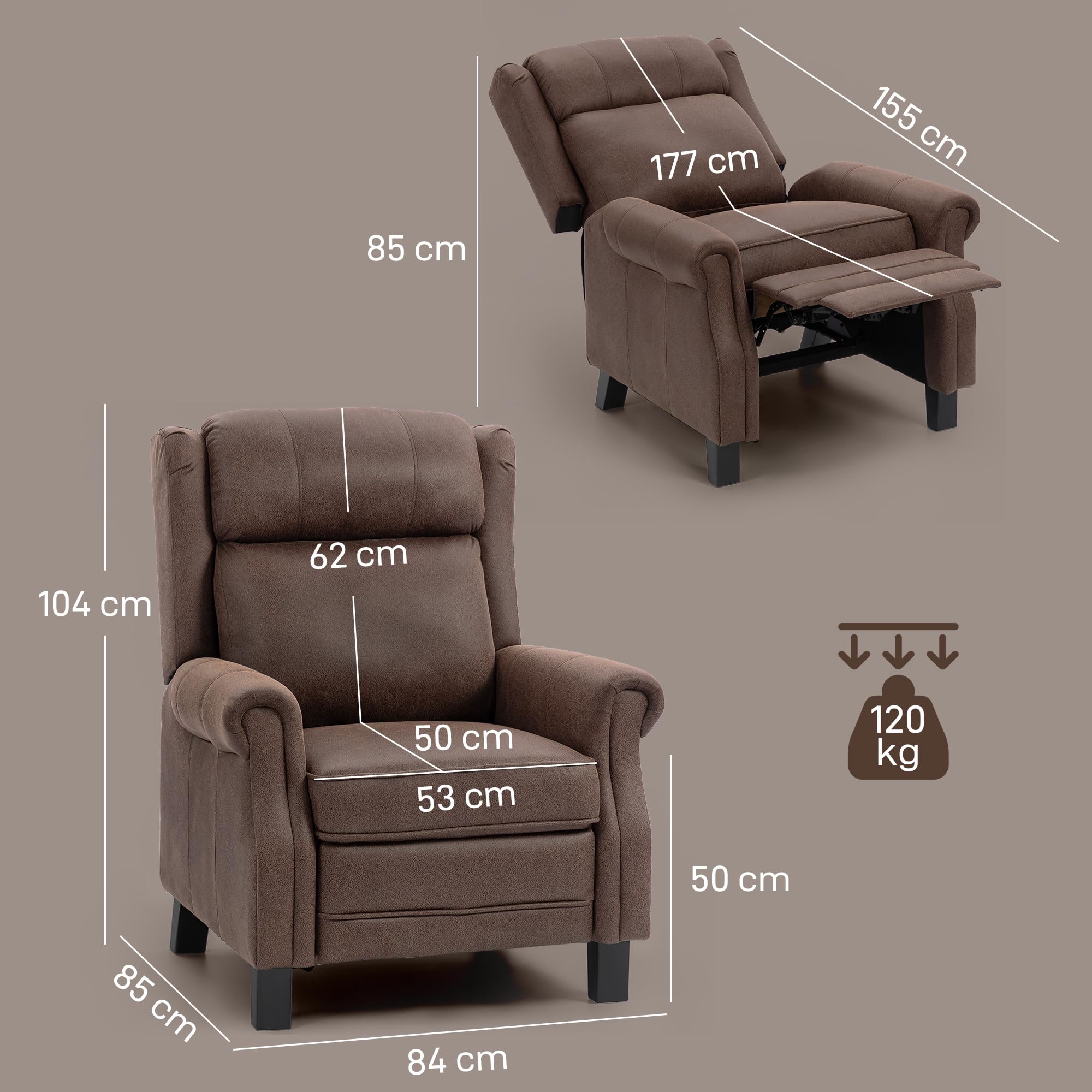 HOMCOM Sillón Relax Reclinable Manual con Apertura Push Reposapiés Marrón | Sillón Relax de Cuero Sintético, Respaldo Alto, Acolchado Grueso, Butaca Reclinable hasta 135º, para Salón, Dormitorio