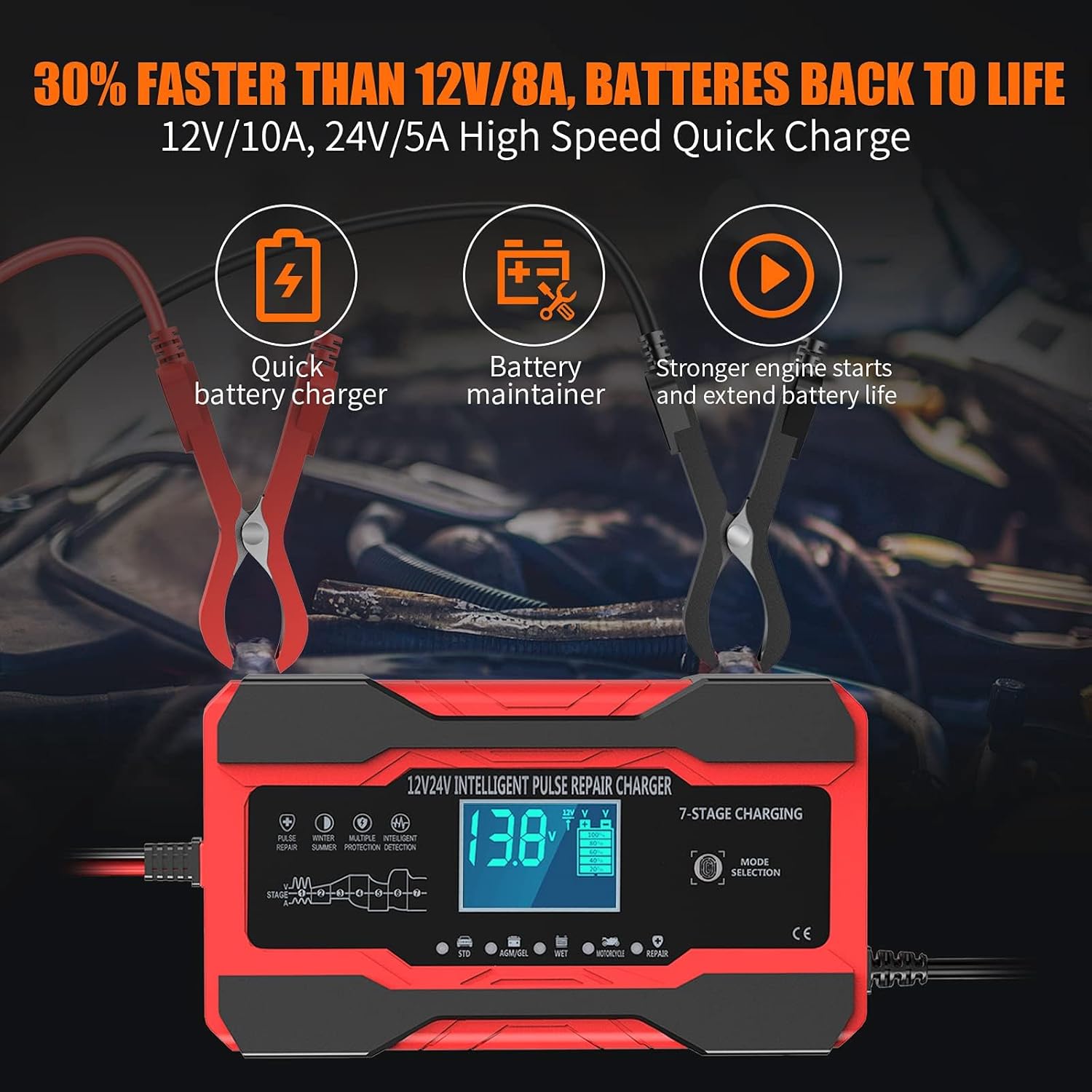 YONHAN 10/25Amp LiFePO4 Car Battery Charger with Booster Mode (12V/24V)