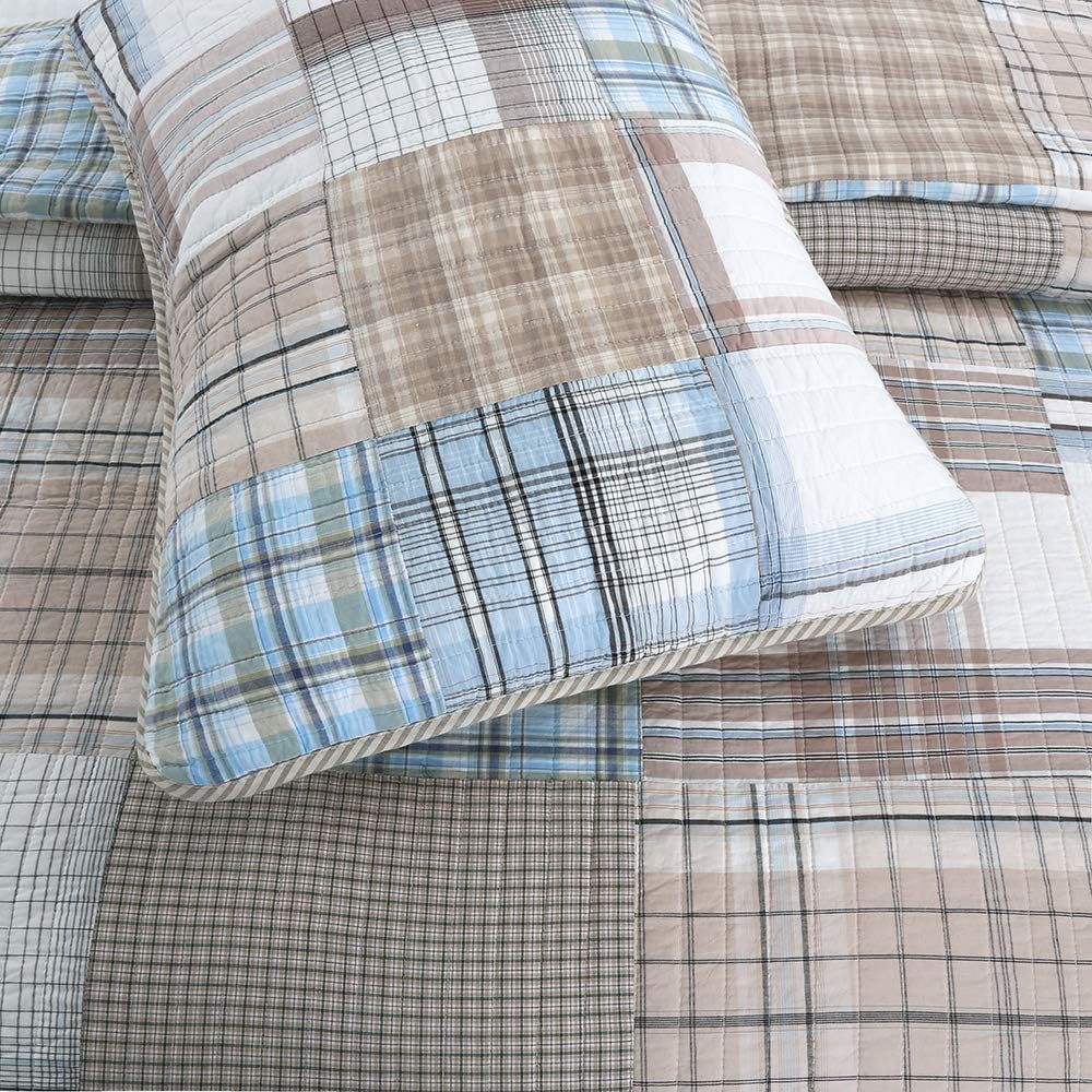 Cozy Line Home Fashions Baby Blues G Q Tartan Plaid Square Patchwork 3-Piece Blue Grey Brown Beige White Cotton Reversible Queen Quilt Bedding Set