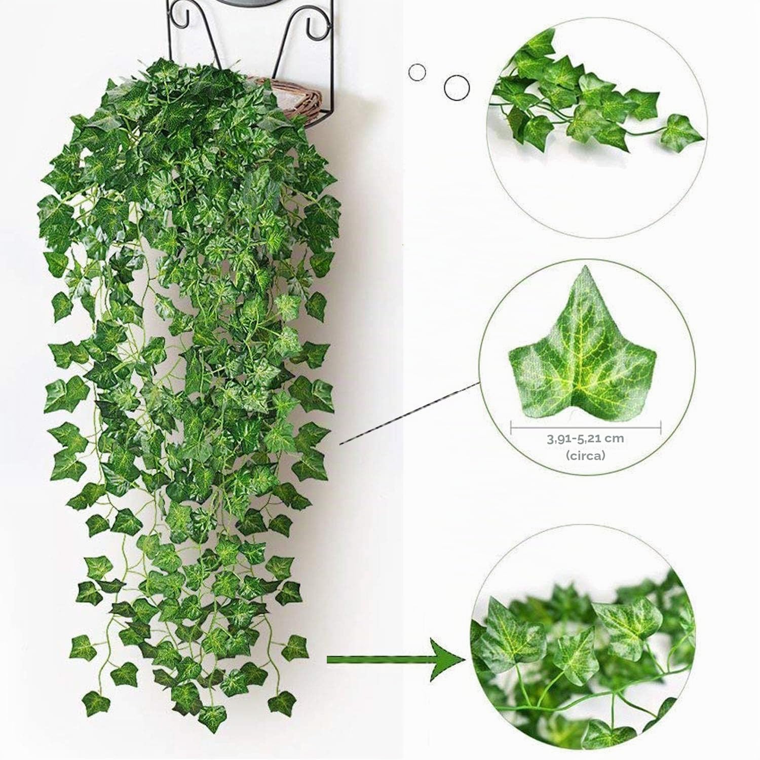 Confezione da 12 viti finte per decorazione della stanza, ghirlanda di edera artificiale con clip di fiori verdi, piante appese finte foglie vegetali per camera da letto, parete, matrimonio