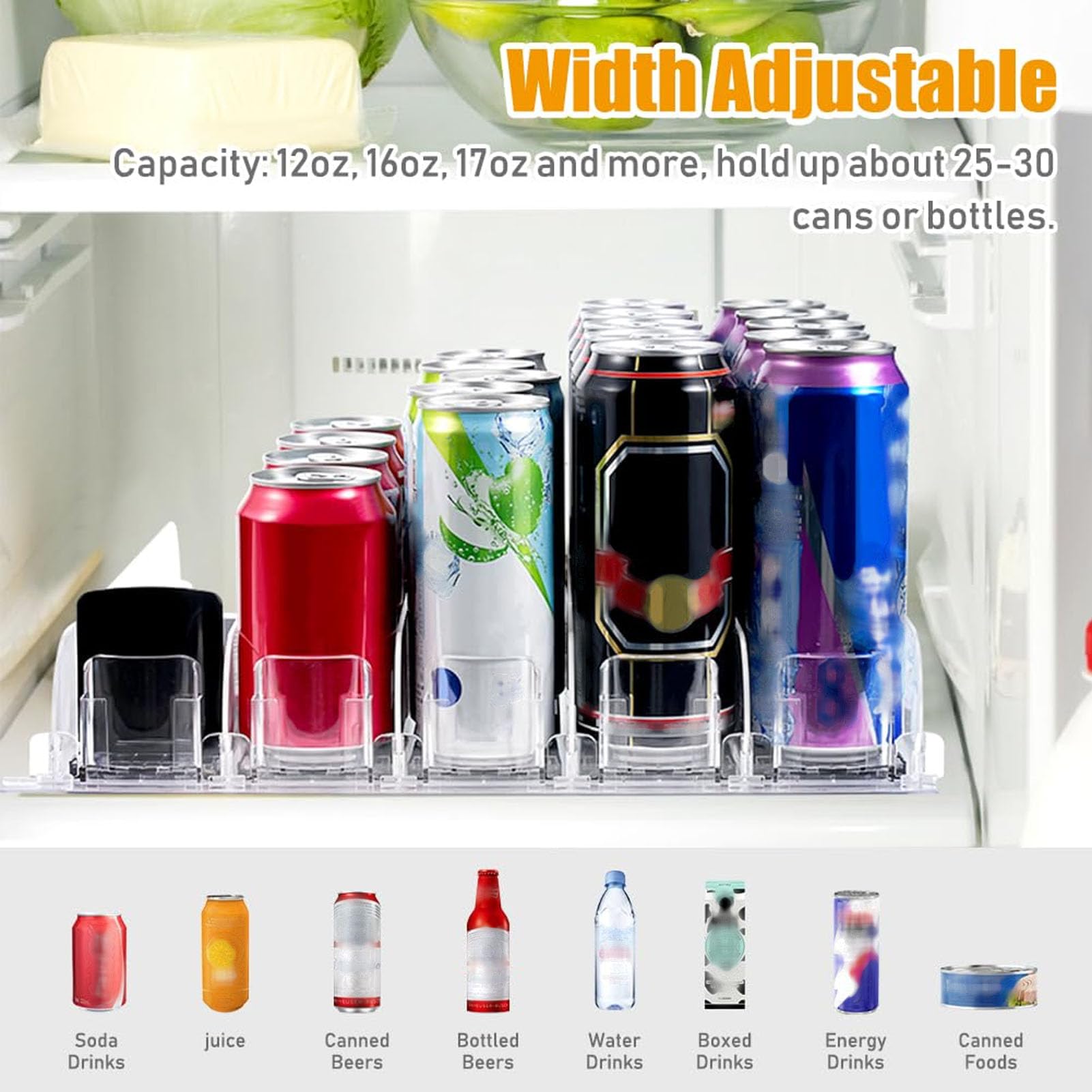 Soda Can Dispenser for Refrigerator, 6 Rows Drink Organizer for Fridge Automatic Pusher Glide and Adjustable Width Self Pushing Can and Bottle Holder for Fridge Holds up to 35 Cans (White)