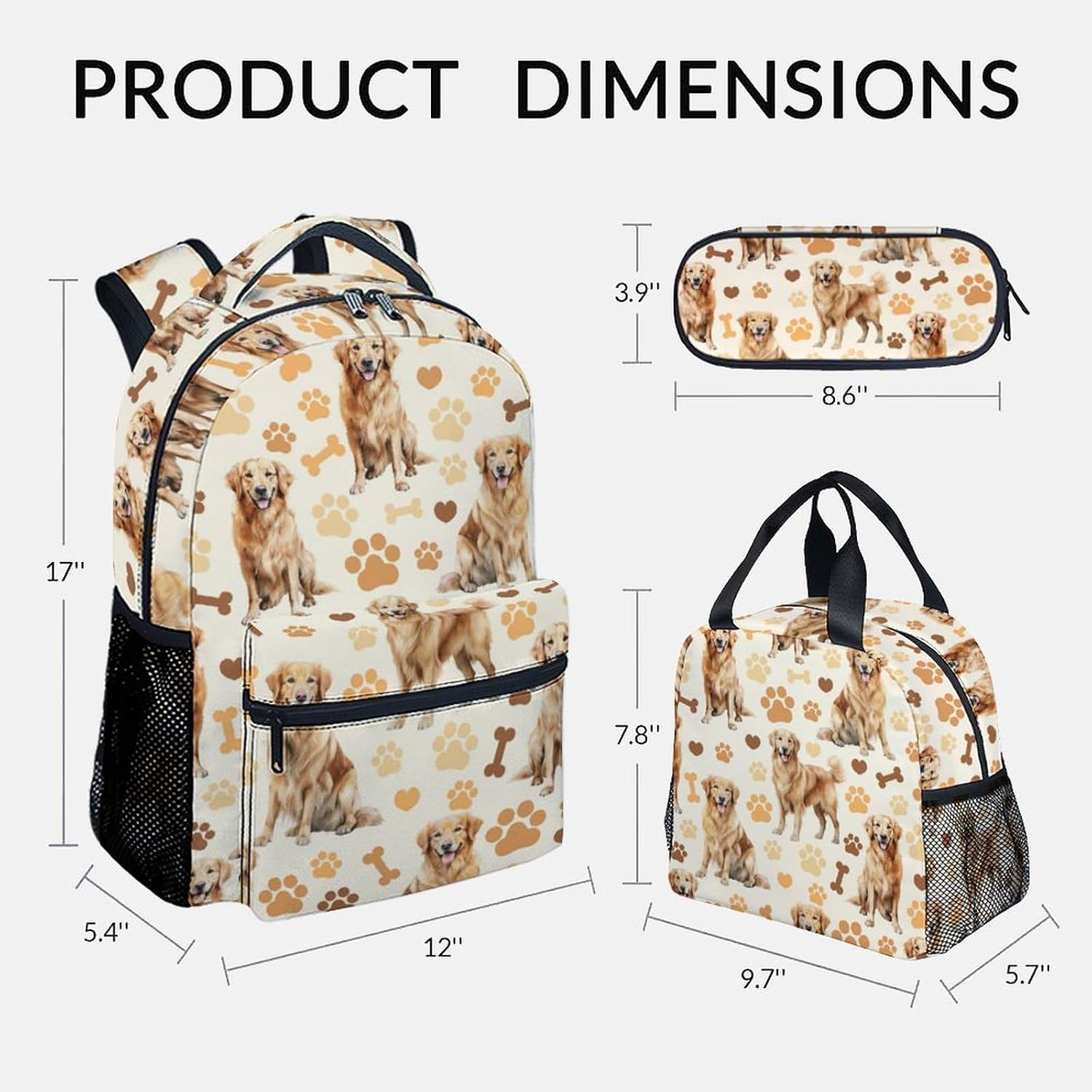 Kids Backpack with Lunch Box, 3 in 1 Cute Dog Bookbag for Elementary Middle, 17 Inch Golden Retrievers School Bag Set for School Travel