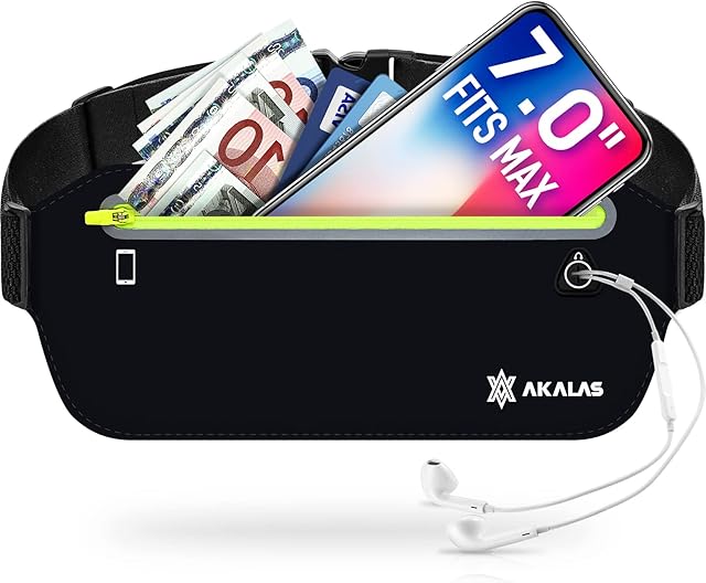 Akalas Ultra Slim Running Belt Waist Pack, No-Bounce Lightweight Fanny Pack, Water Resistant Runner Waist Bag, Adjustable Running Pouch for Gym Workouts, Travel & Outdoor Activities