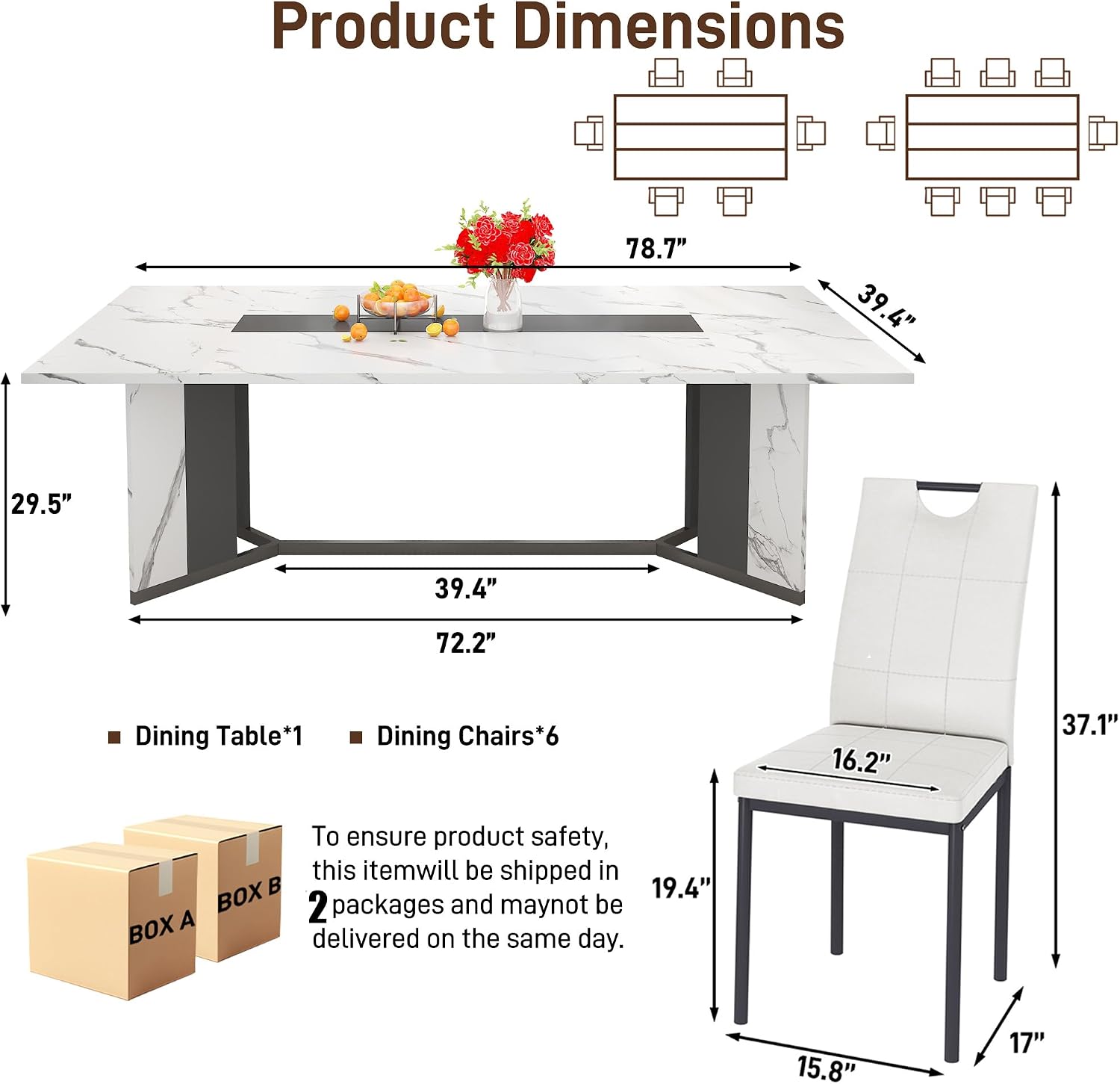 7-Piece Dining Table Set for 6 8 People, 78" Large Long Wooden Kitchen Table with 6 Cushion Chairs W/Waterproof Tabletop, Farmhouse Rectangular Dinner Table for Dining Room,Kitchen,Easy Clean