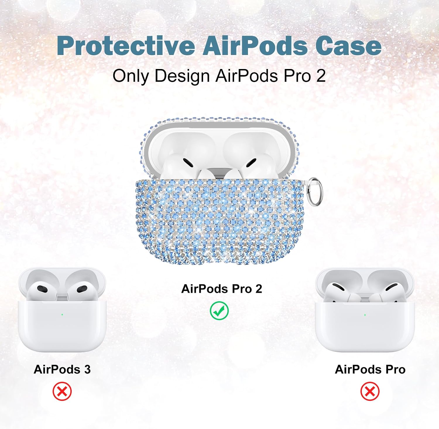 Newseego for AirPods Pro 2 Generation Case, Luxury Sparkly Bling Rhinestone Case with Keychain for Women Girls Anti-Lost Glitter Crystal Hard PC Shockproof Protective Cover for AirPods Pro 2th-Blue image 3