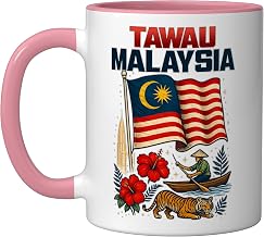 Tawau Malaysia Souvenir Traveling Ceramic Mug, Pink/White