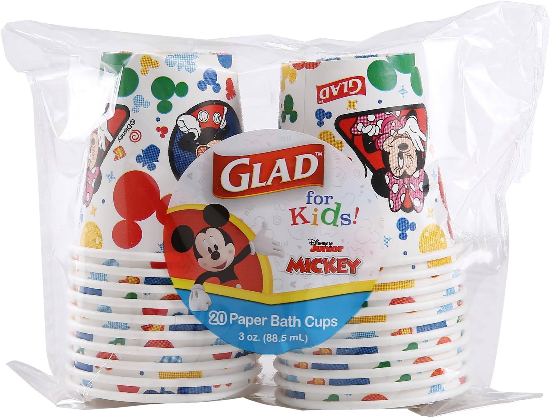 Glad for Kids Disney Mickey and Friends Disposable Mini Paper Cups, Mickey Mouse - Colorful Soak-Proof Bathroom Rinse Cups, Small Size Ideal for Little Hands, 3 oz, 20 Count